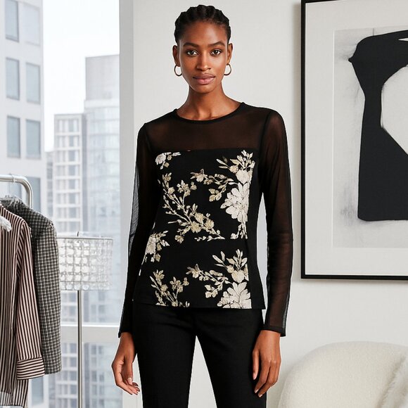Cartise Sequins Dark Floral Embellished Mesh Women's Blouse Size Large - Picture 1 of 16